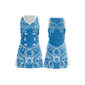 A women's A-line netball dress in blue featuring white decorative patterns and a logo.