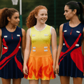 Three young women wear colourful netball dresses, featuring navy blue with red and orange designs, and one in yellow with flame motifs.