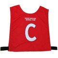 Red pull-over netball bib featuring a white letter "C" and a logo for South Adelaide Netball Club.