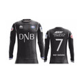 A black long sleeve soccer jersey featuring a logo and striped design, displaying the number 7 on the back.