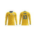 A long sleeve soccer jersey in yellow with blue accents and a logo. Features a chevron pattern and numbered design.