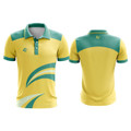 A yellow and green polo shirt featuring a logo and bold curved design elements on the front and back.