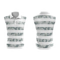 A sleeveless polo shirt in a grey and white striped design, featuring a collar and a logo.