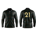 A long sleeve polo shirt in black with a geometric pattern and a logo. The back features the number 21.