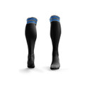 A pair of black sports socks featuring blue stripes at the top and a fitted design. Includes branding on the side.