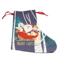 A festive Santa sock gift tote in blue with a cheerful Christmas design featuring Santa, animals, and a sleigh.