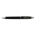 A sleek black stylus pen with a silver clip, featuring a branding logo. Ideal for writing and touchscreens.