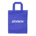A purple tradeshow bag with two handles and a white logo.