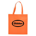 An orange shopping tote bag featuring black branding, with two sturdy handles for carrying.