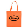 An orange shopping tote bag with a logo on the front and two sturdy handles.