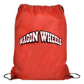 A red drawstring gym bag with a logo in a curved design. The bag features black strings for closure.