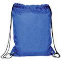 A blue drawstring gym bag featuring black cords and eyelets, with a logo on the front.