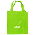 A bright green shopping tote bag with a gusset and a logo featuring a leaf design.