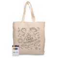 A cream calico tote bag featuring a space-themed colouring design, alongside a set of colourful crayons.