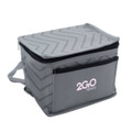 A grey cooler bag with a chevron pattern and a side pocket, featuring a logo on the front.