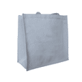 A grey jute tote bag featuring sturdy handles and a simple design, with a visible logo on the side.