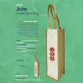 A jute single wine bag in natural brown with a cream canvas panel, featuring a logo and long handles.