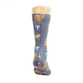 A blue sock featuring playful cartoon characters and designs in orange and white. It has a logo displayed on it.