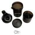 A drink bottle in black, featuring a shaker cup with a detachable lid, strainer, and mixing compartment. Includes a carabiner.