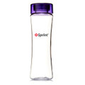 A drink bottle with a clear body and a purple lid, featuring a logo on the side.