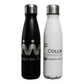 A drink bottle set featuring a black and a white stainless steel water bottle, each with a logo.