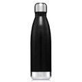 A drink bottle in black with a stainless steel top, featuring a sleek design and a logo.