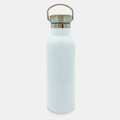 A drink bottle in white with a metal lid and wooden handle, featuring a logo on the front.
