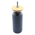 A drink bottle with a dark grey body, bamboo lid, and metal straw. It features a logo on the side.