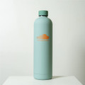 A drink bottle in a soft green colour with a sleek design and a logo on the front.
