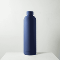 A drink bottle in a matte navy blue finish, featuring a round body and a screw-top lid. It has a logo on the side.