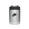 A stainless steel stubby cooler with a black top and a logo. Suitable for holding cans.