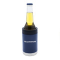 A drink bottle cooler in navy with a silver base, designed to hold a bottle securely. Features a logo.