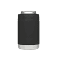 A black stubby cooler with a stainless steel base, designed to hold drink cans securely.