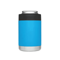 A drink bottle featuring a vibrant blue exterior with a black top and a stainless steel base, designed as a stubby holder.