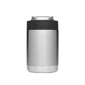 A stainless steel stubby cooler with a black silicone band, featuring a logo. Ideal for keeping drinks cold.