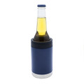 A drink bottle holder in navy with a silver base, designed to keep beverages cool.