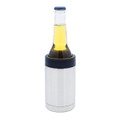 A silver stubby cooler containing a bottle of beer, featuring a dark blue top and a sleek design.