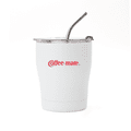 A drink bottle with a white exterior, featuring a clear lid and straw, and has a logo on its side.