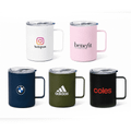 A collection of travel mugs in navy, olive green, black, pink, and white, each with a logo or branding.