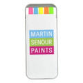 A highlighter set in a case featuring five vibrant colours: pink, green, yellow, orange, and blue. The case has a logo.