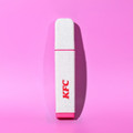 A highlighter in white with a pink cap, featuring a logo on its side, set against a pink background.