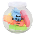 A clear jar filled with highlighters in pink, yellow, green, and blue, featuring a logo on the front.
