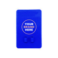 A blue silicone phone wallet with slots for cards and a logo area.