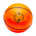 An orange and yellow basketball featuring a logo, designed as a stress ball for fun and games.