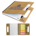 A recycled notebook with a spiral binding, brown cover, and a pen, featuring a logo and sticky notes.