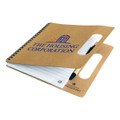 A recycled notebook with a brown cover, spiral binding, and a logo, featuring blank pages inside.
