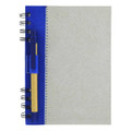 A recycled journal book with a blue cover, spiral binding, and a pen attached to the side.