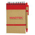 A brown recycled jotter pad with a red accent and a matching red pen, featuring a logo on the cover.