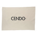 A cream cotton tea towel featuring a large black logo in the centre.