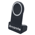A wireless charger in black with a circular charging pad and a logo on the base.